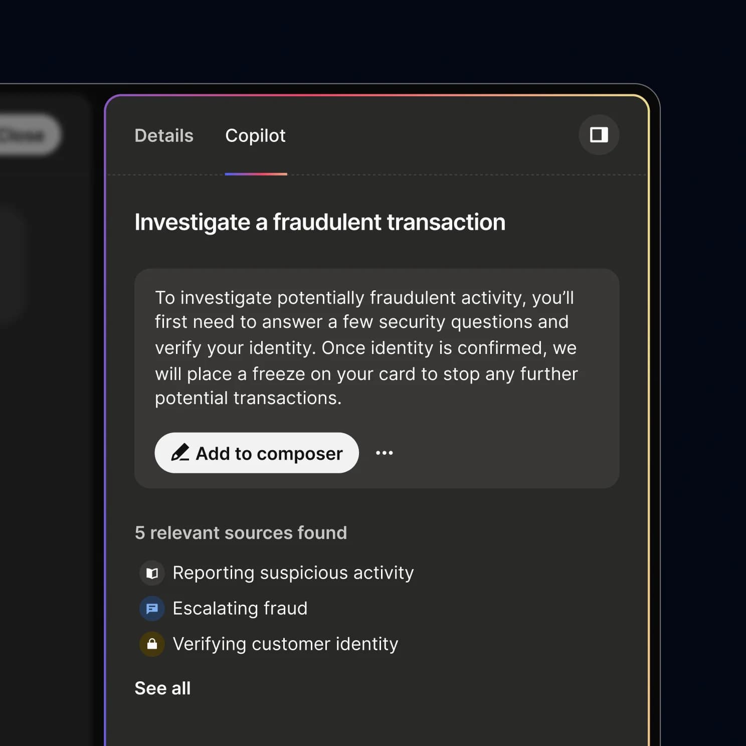 A screenshot of the Copilot interface showcasing the tool helping to compose a message regarding a fraudalent transaction