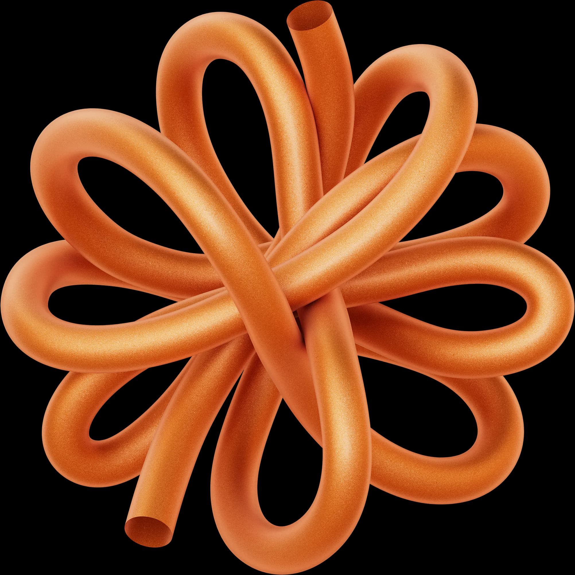 A bright orange, glossy, tube-like shape looping and intertwining into a symmetrical, flower-like knot