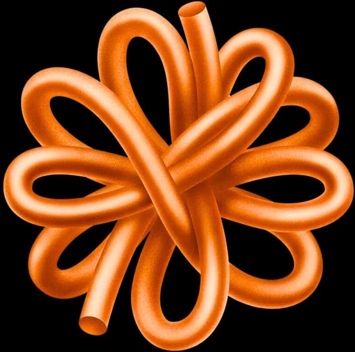 A bright orange, glossy, tube-like shape looping and intertwining into a symmetrical, flower-like knot