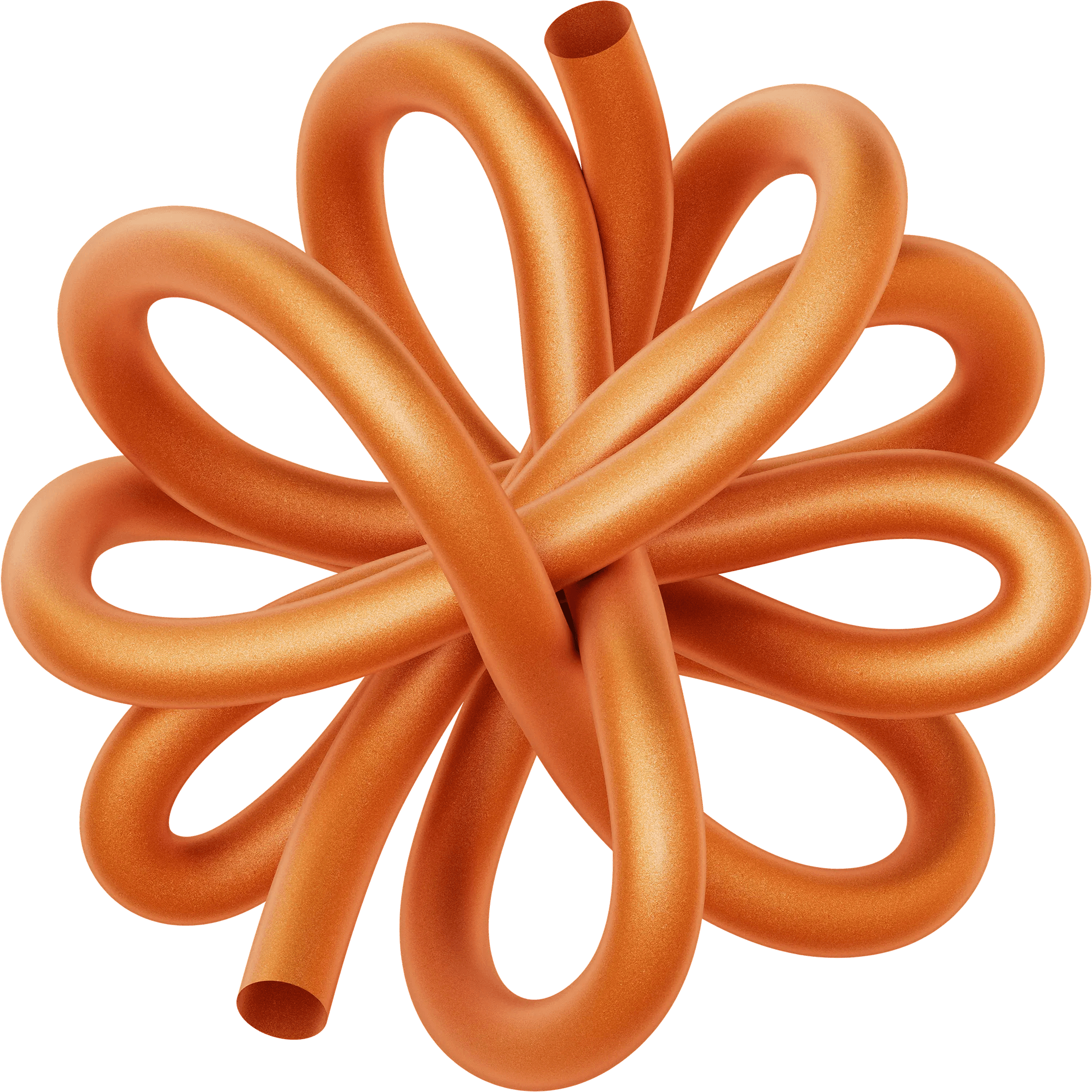 A bright orange, glossy, tube-like shape looping and intertwining into a symmetrical, flower-like knot