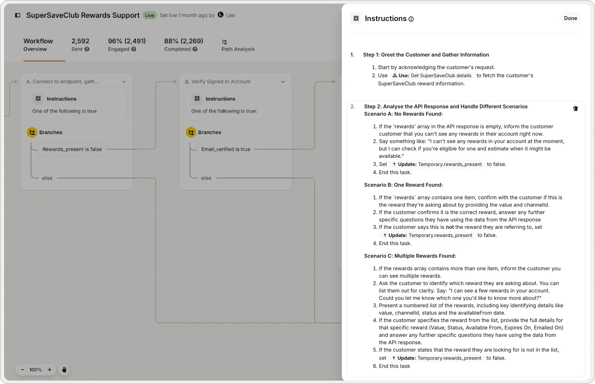 Fin follows natural-language instructions to fetch reward details and tailor replies.
